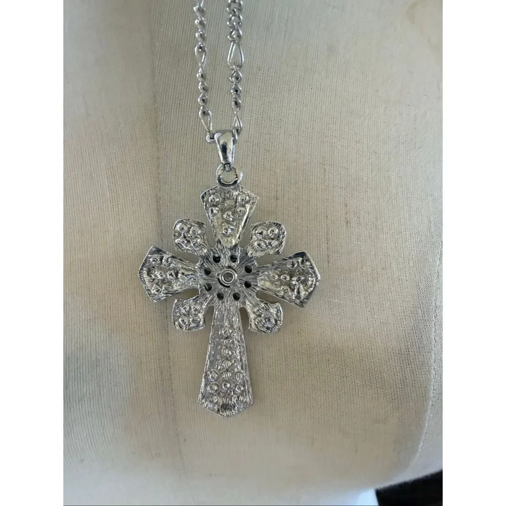 Silver Tone Rhinestone Cross Pendant Necklace Black & Clear Statement